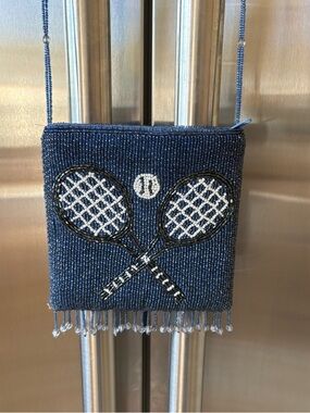 Beaded Navy Tennis Racket Crossbody Bag